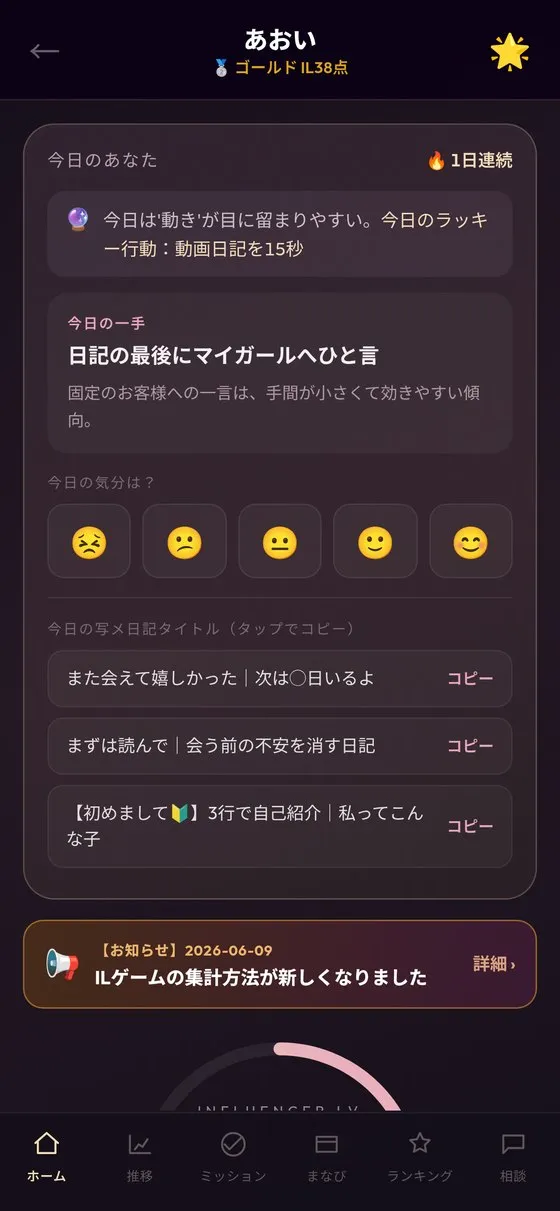ILゲームのキャスト画面（デモ環境）：今日の一手と写メ日記タイトル候補が届き、タップでコピーして使える